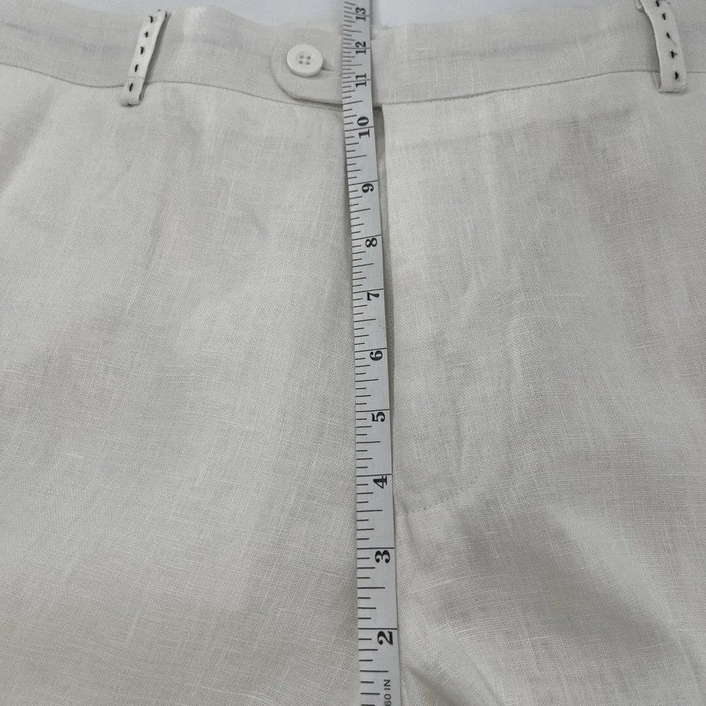 Mens Trouser Pant Linen Ivory Flat Front Sz 38 Black Stitch Detail Beach Wedding